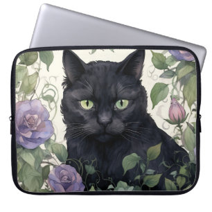 PRETTY BLACK CAT SURROUNDED BY PLANTS & FLOWERS LAPTOP SLEEVE