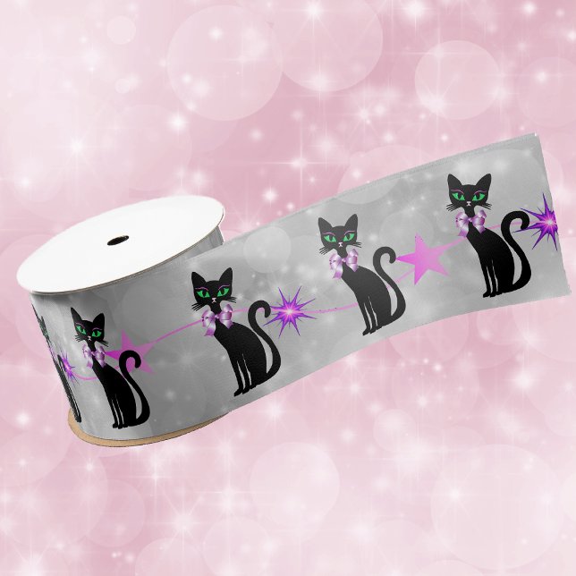 Pretty Black Cats Pink Bows Stars on White Circles Satin Ribbon (Pretty black cats green eyes pink bows stars on grey white gift wrap ribbon.)
