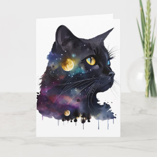 Pretty Black Cosmic Watercolor Space Cat Card