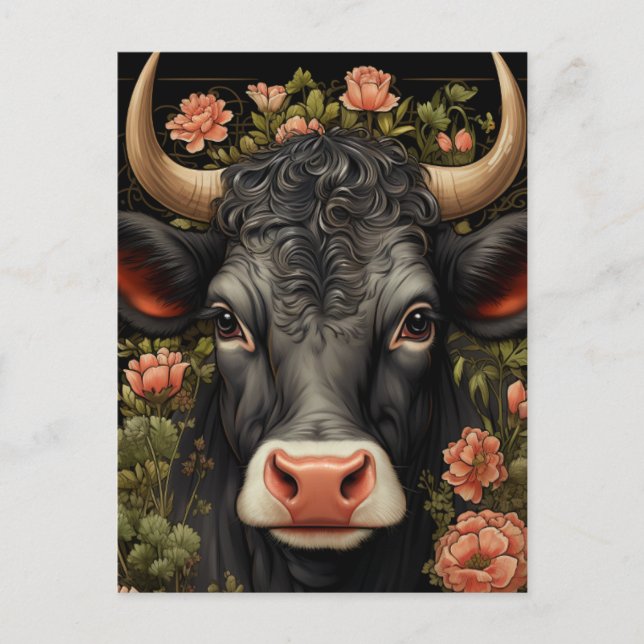 Pretty Black Cow in Flowers Postcard (Front)