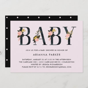 Pretty Black Floral Text on Blush   Baby Shower Invitation