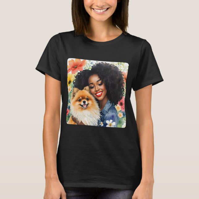 Pretty Black Girl With Pomeranian Dog Floral T-Shirt (Front)