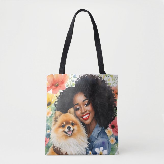 Pretty Black Girl With Pomeranian Floral Art Tote Bag (Front)
