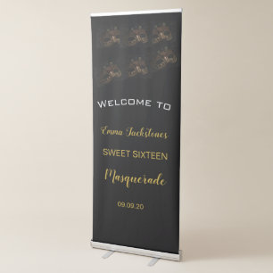 Pretty Black & Gold Masquerade Birthday Welcome Retractable Banner