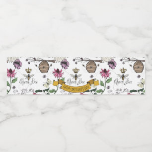 Pretty Black & Gold Queen Bee, Crown & Scroll Water Bottle Label