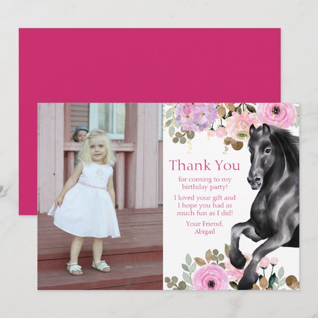 Pretty Black Horse and Pink Flowers Photo Birthday Thank You Card (Front/Back)