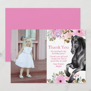 Pretty Black Horse and Pink Flowers Photo Birthday Thank You Card