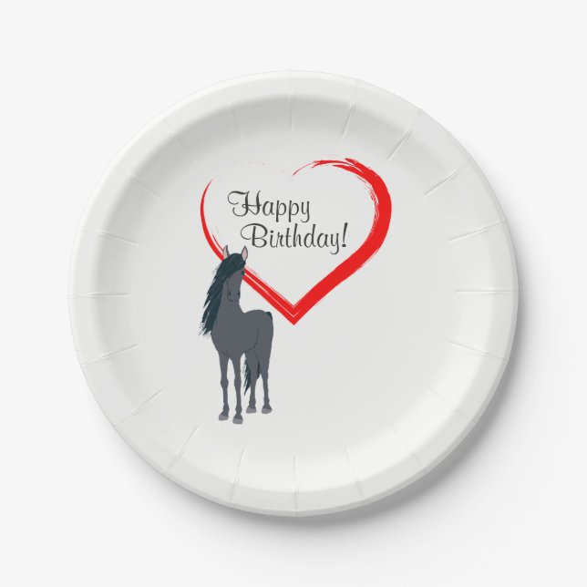 Pretty Black Horse and Red Heart Happy Birthday Paper Plate (Front)
