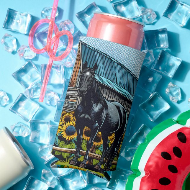 Pretty Black Horse and Rustic Barn with Sunflowers Seltzer Can Cooler (In Situ Summer)