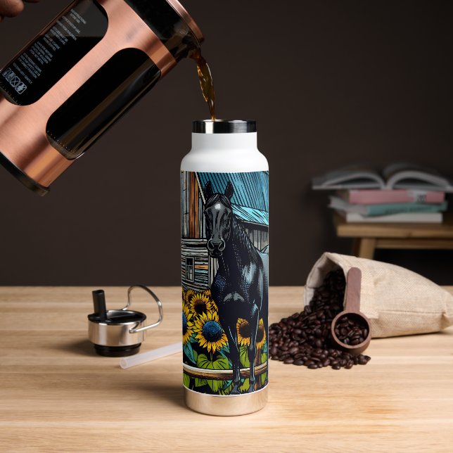 Pretty Black Horse and Rustic Barn with Sunflowers Water Bottle (Coffee)