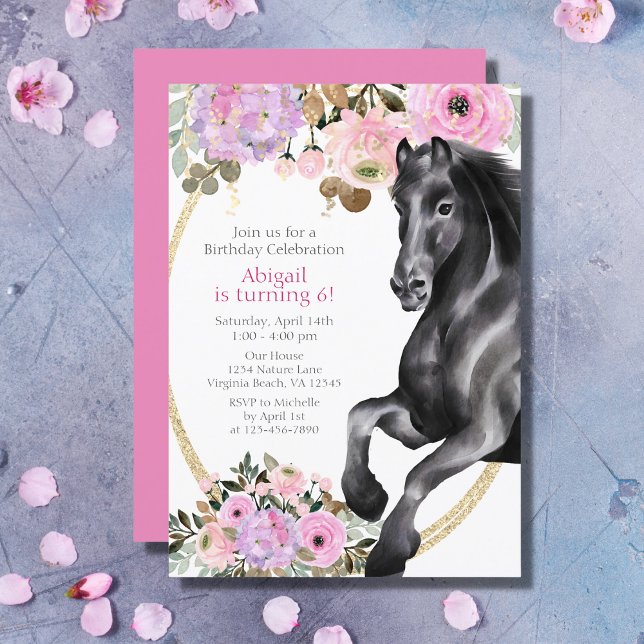 Pretty Black Horse with Pink Flowers Birthday Invitation (Creator Uploaded)