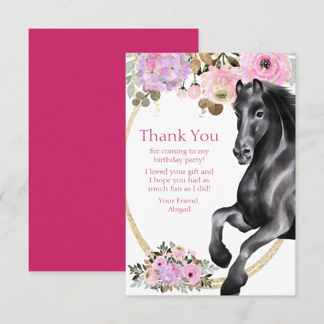 Pretty Black Horse with Pink Flowers Birthday Thank You Card (Front/Back)