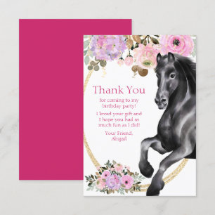 Pretty Black Horse with Pink Flowers Birthday Thank You Card