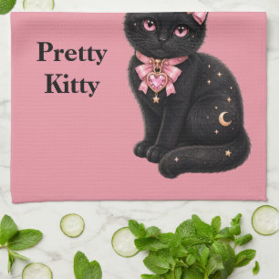 Pretty Black Kitty Cat in Pink Tea Towel