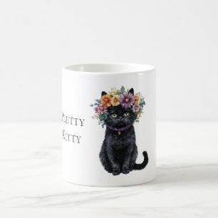 Pretty Black Kitty with Flowers Coffee Mug