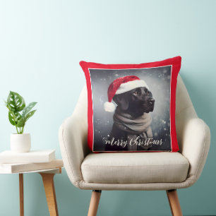 Pretty Black Lab In Scarf and Santa Hat Cushion