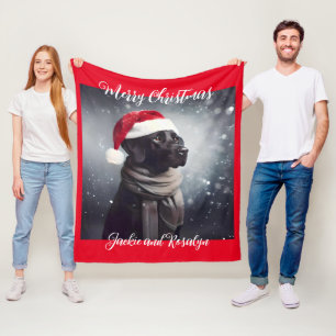 Pretty Black Lab In Scarf and Santa Hat Fleece Blanket