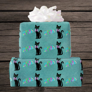 Pretty Black Mid Century Cat Pink Bow Christmas Wrapping Paper