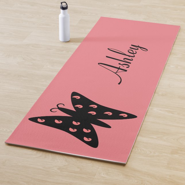 Pretty Black & Pink Butterfly Design Personalised Yoga Mat (In Situ)