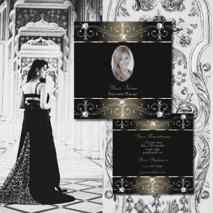 Pretty Black Platinum Ornate Ornaments with Photo Square Business Card