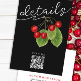 Pretty Black Red Cherries QR Code Wedding Details Enclosure Card