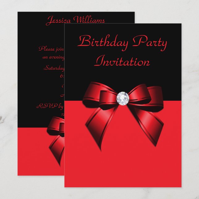 Pretty Black & Red Diamond Bow Birthday Invitation (Front/Back)