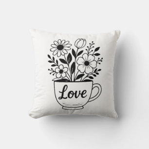 Pretty Black Tea Cup with Flowers Design Cushion