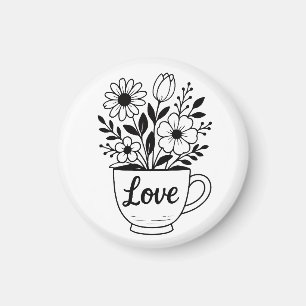Pretty Black Tea Cup with Flowers Design Magnet