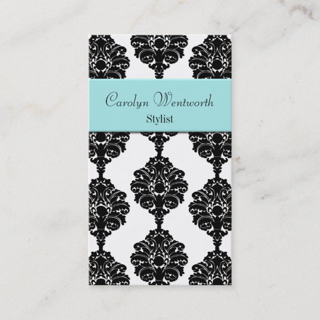 Pretty Black, white and Aqua Damask Business Card (Front)