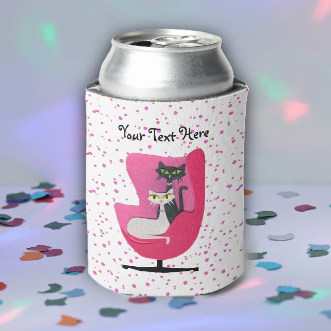 Pretty Black White Cats Pink Chair Polka Dots Can Cooler (Pretty atomic 1950's cats sitting in pink chair on white with pink polka dots drink can cooler.)