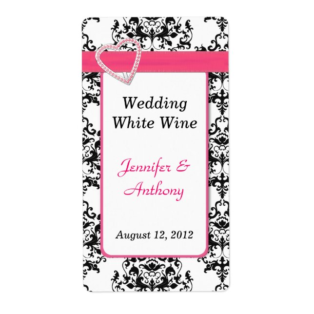 Pretty Black & White Damask Wedding Wine Labels (Front)