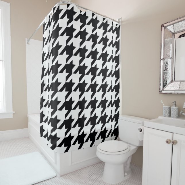 Pretty Black White Houndstooth Shower Curtain (In Situ)
