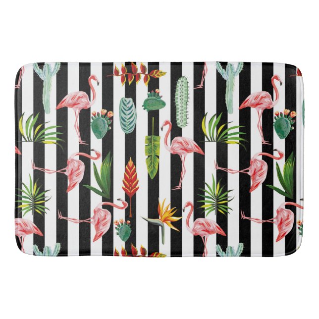 Pretty Black White Stripes with Flamingo Cactus Bath Mat (Front)