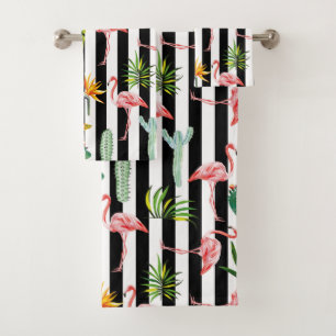 Pretty Black White Stripes with Flamingo Cactus Bath Towel Set