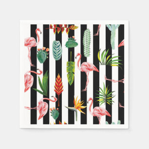 Pretty Black White Stripes with Flamingo Cactus Napkin