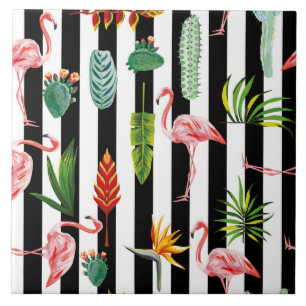 Pretty Black White Stripes with Flamingo Cactus Tile