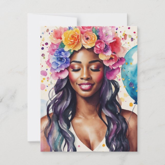 Pretty Black Woman Colourful Balloons Party Invitation (Front)