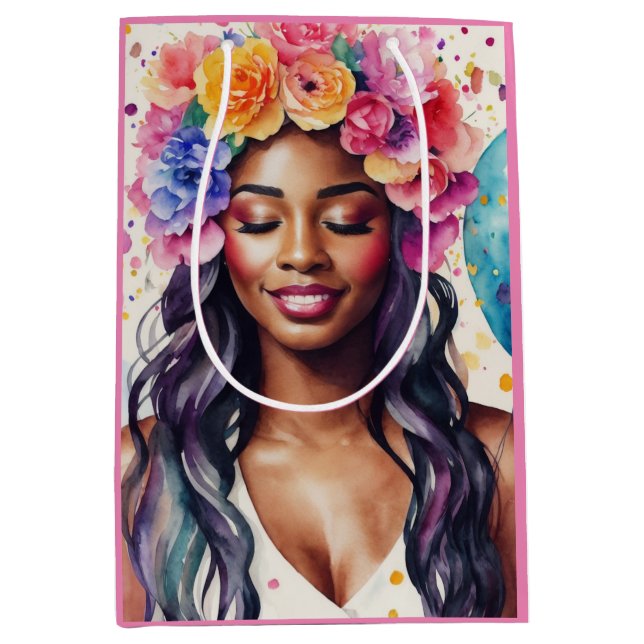 Pretty Black Woman Colourful Balloons Party Medium Gift Bag (Front)
