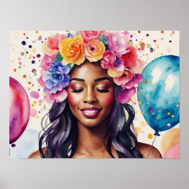 Pretty Black Woman Colourful Balloons Party Poster (Front)