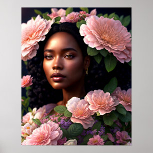 Pretty Black Woman Pink Flowers Digital Art  Poster
