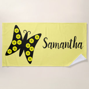 Pretty Black/Yellow Butterfly Personalised Beach Towel