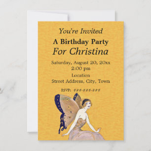 Pretty Blonde Birthday Fairy Butterfly Wings Yello Invitation