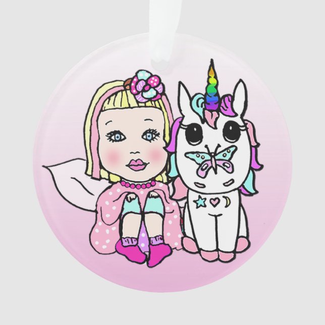 Pretty Blonde Fairy & Rainbow Unicorn & Butterfly Ornament (Front)