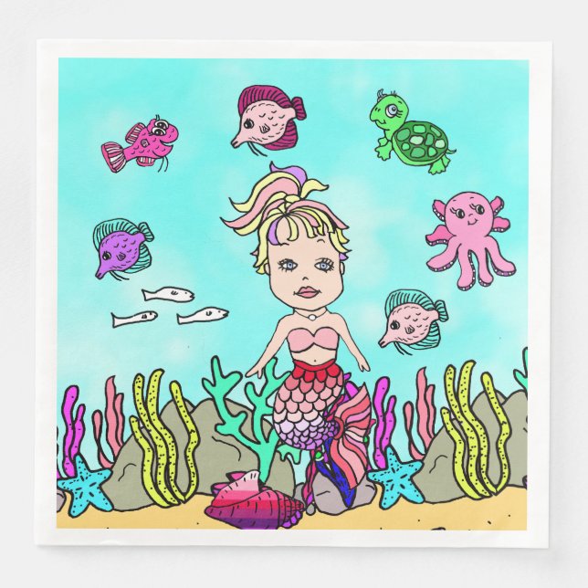 Pretty Blonde Mermaid Girls Birthday Party Napkin (Front)