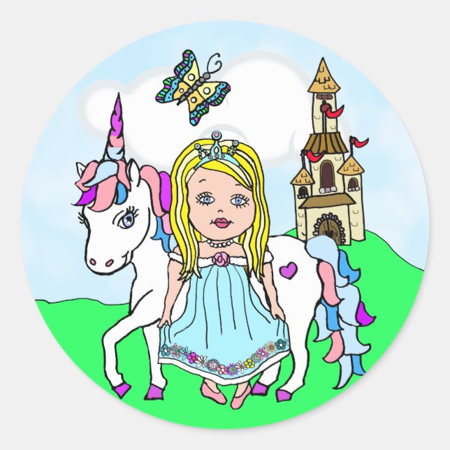 Pretty Blonde Princess and Unicorn Castle Classic Round Sticker (Front)