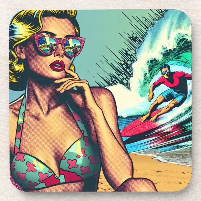 Pretty Blonde Retro Woman and Surfer Guy Coaster (Front)