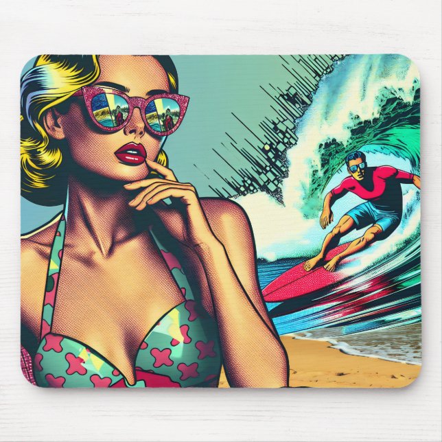 Pretty Blonde Retro Woman and Surfer Guy Mouse Mat (Front)