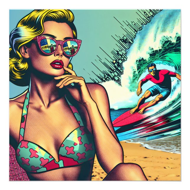 Pretty Blonde Retro Woman and Surfer Guy Photo Print (Front)