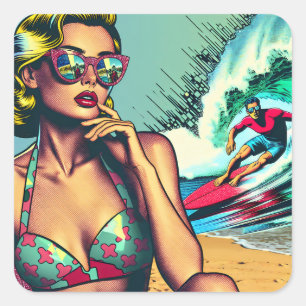 Pretty Blonde Retro Woman and Surfer Guy Square Sticker