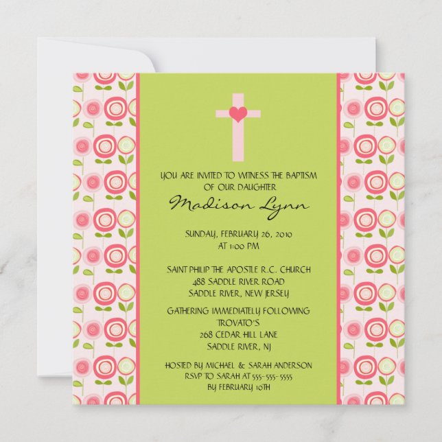 Pretty Bloom Baby Girl Baptism Inviation Invitation (Front)
